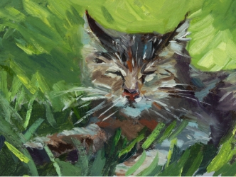 A drawing of a cat laying in grass