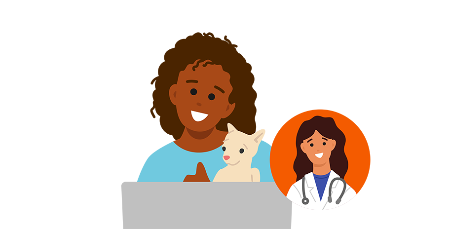 Illustration of a dog and its owner having a virtual vet visit
