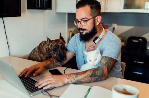 owner working along with his pets
