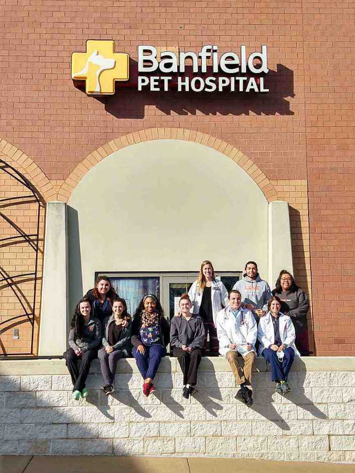 A group of associates sitting outside the Banfield Pet Hospital